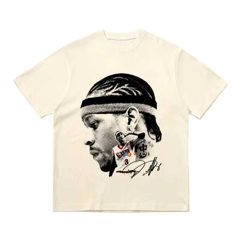 Iverson Big Head Printed Short-sleeved T-shirt American Basketball Star Sports Pure Cotton Casual Loose Women Men Summer Tees