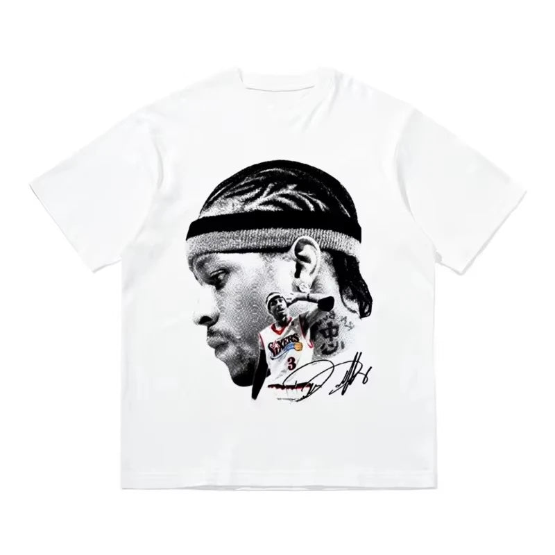 Iverson Big Head Printed Short-sleeved T-shirt American Basketball Star Sports Pure Cotton Casual Loose Women Men Summer Tees