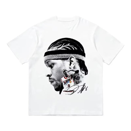 Iverson Big Head Printed Short-sleeved T-shirt American Basketball Star Sports Pure Cotton Casual Loose Women Men Summer Tees